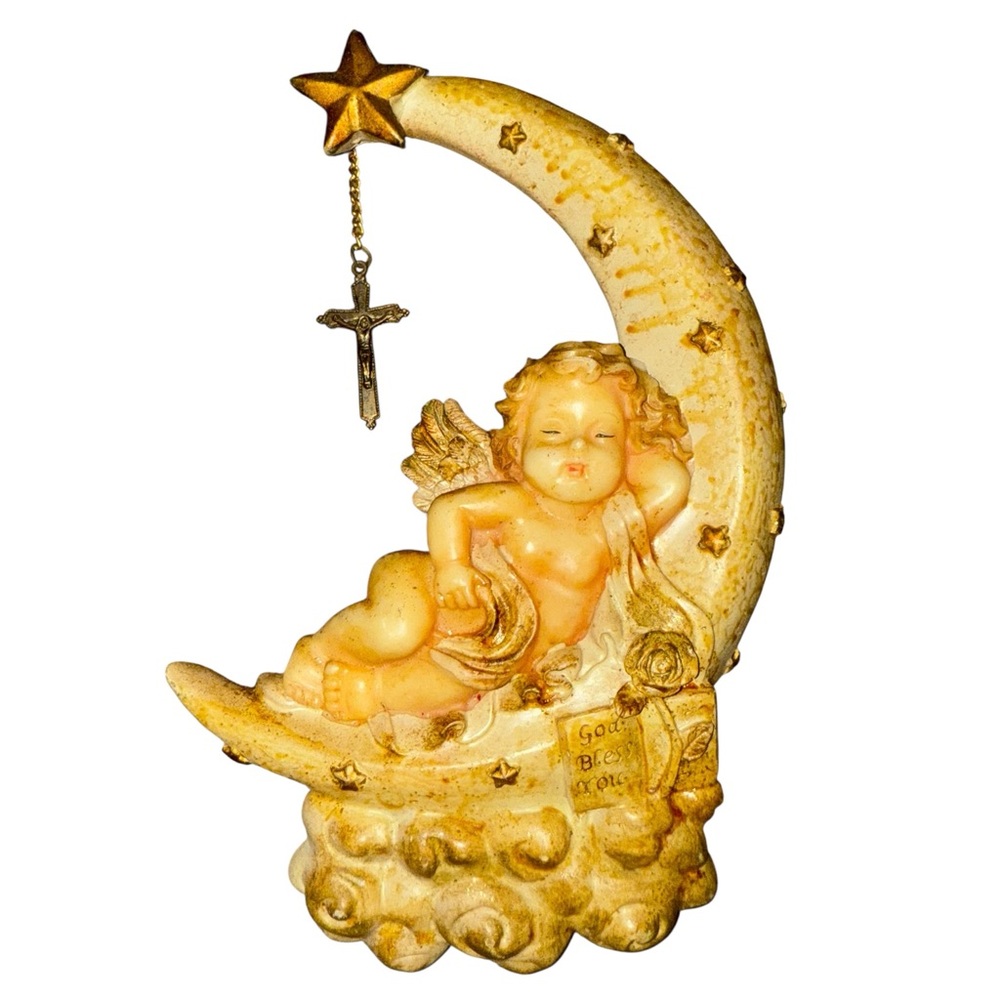 Vintage Cherub Moon Wall Hanging with Rosary Cross – TRC-451